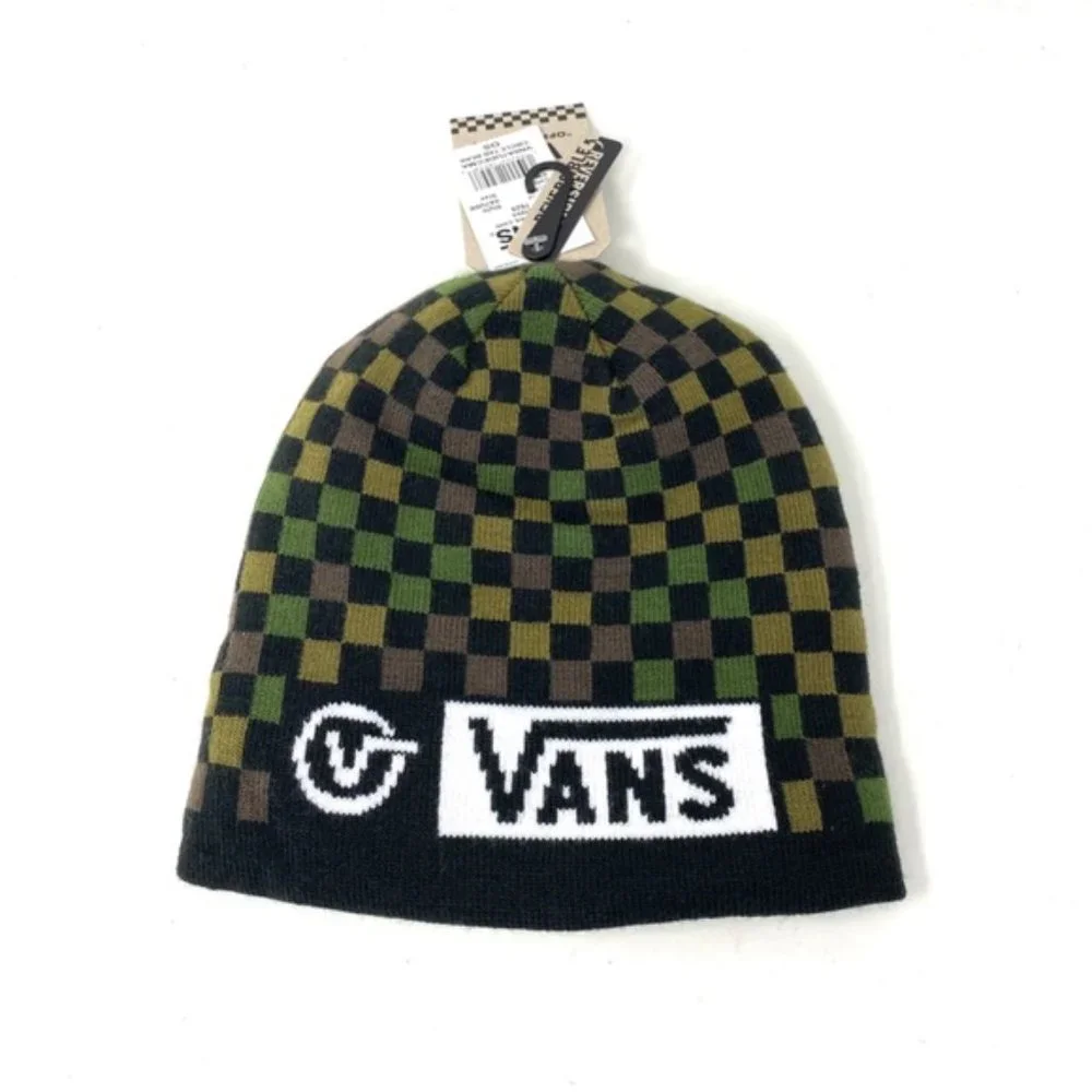 VANS Circle Tab Beanie Checker Green Black Knit Hat One Size VN0A7UDECMA